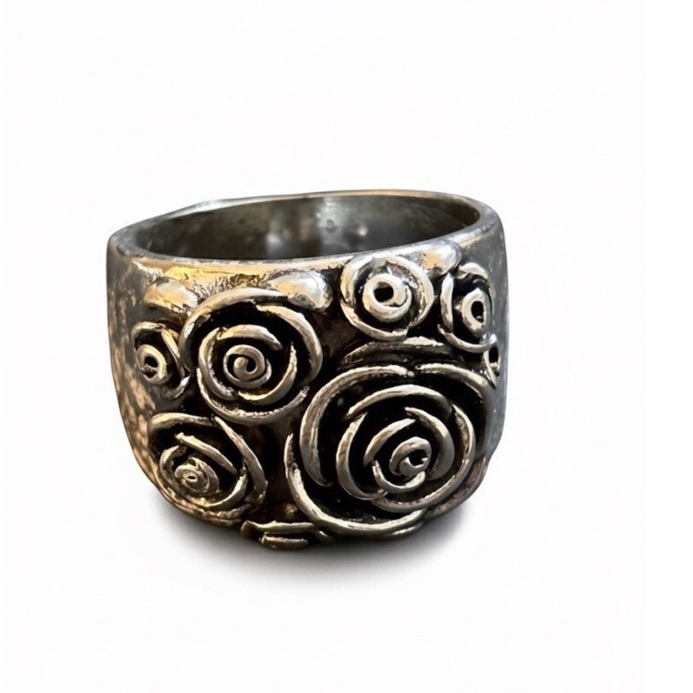 Silver Tone Antiqued Dimensional Rose‎ Bouquet Wide Statement Band Ring Oxidized